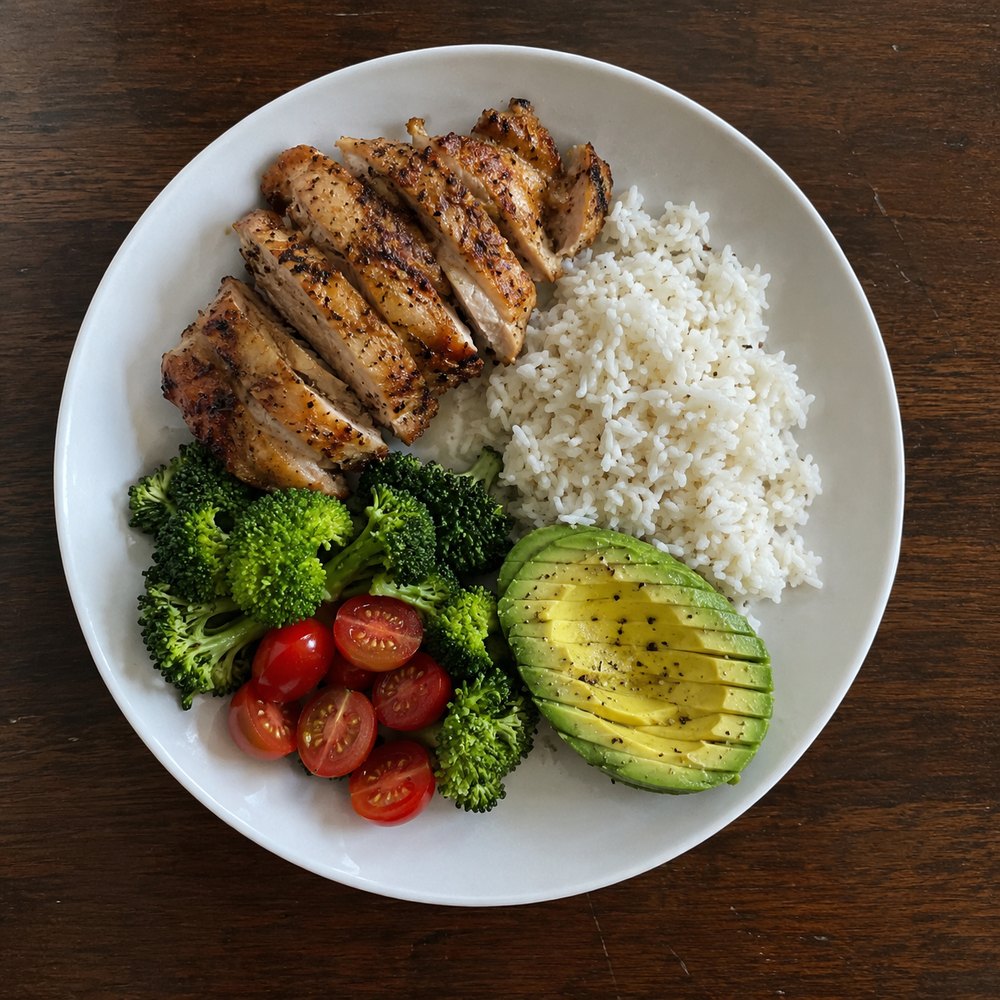 Top-down photo of grilled chicken, white rice, avocado, broccoli and cherry tomatoes on a white plate
